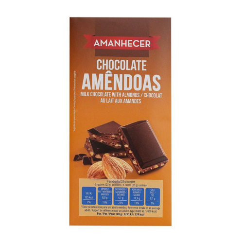TABLETE CHOCOLATE LEITE C/ AMÊNDOAS AMANHECER 100GR