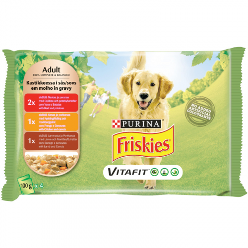 ALIMENTO HÚMIDO CÃO ADULTO VACA/FRANGO/BORREGO MOLHO FRISKIES 4X85GR