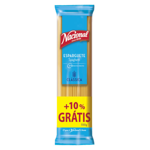 MASSA ESPARGUETE NACIONAL 500G+10%GRATIS (550G)
