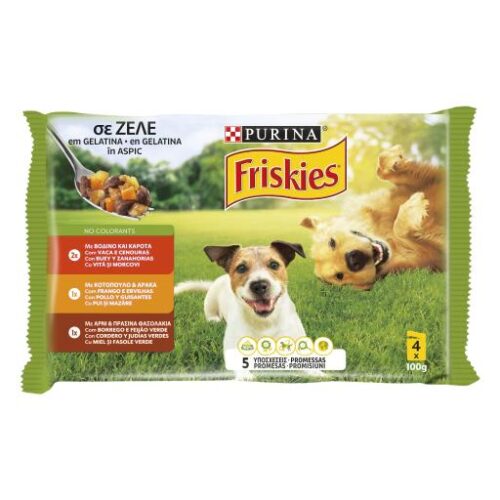 ALIMENTO HÚMIDO CÃO ADULTO VACA/FRANGO/BORREGO GELATINA FRISKIES 4X85GR