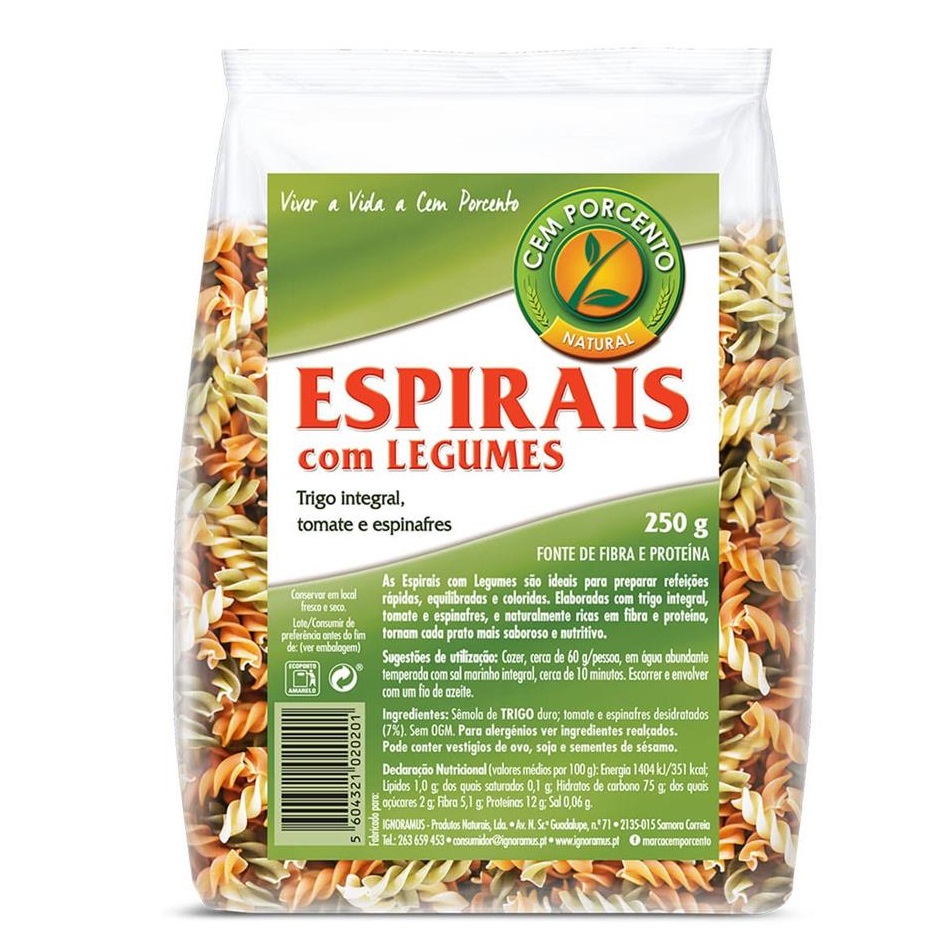 MASSA ESPIRAIS C/ LEGUMES CEM PORCENTO 250GR