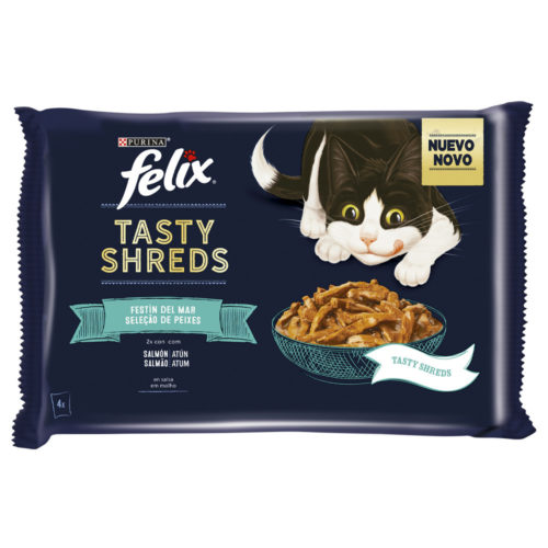 ALIM GATO HUM FELIX TASTY SHREDS PEIXES 4X85G
