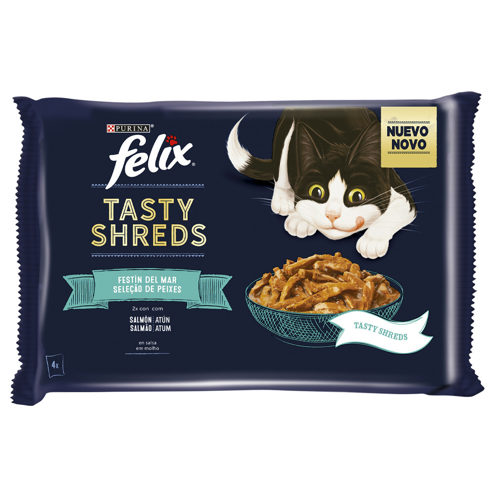 ALIM GATO HUM FELIX TASTY SHREDS PEIXES 4X85G