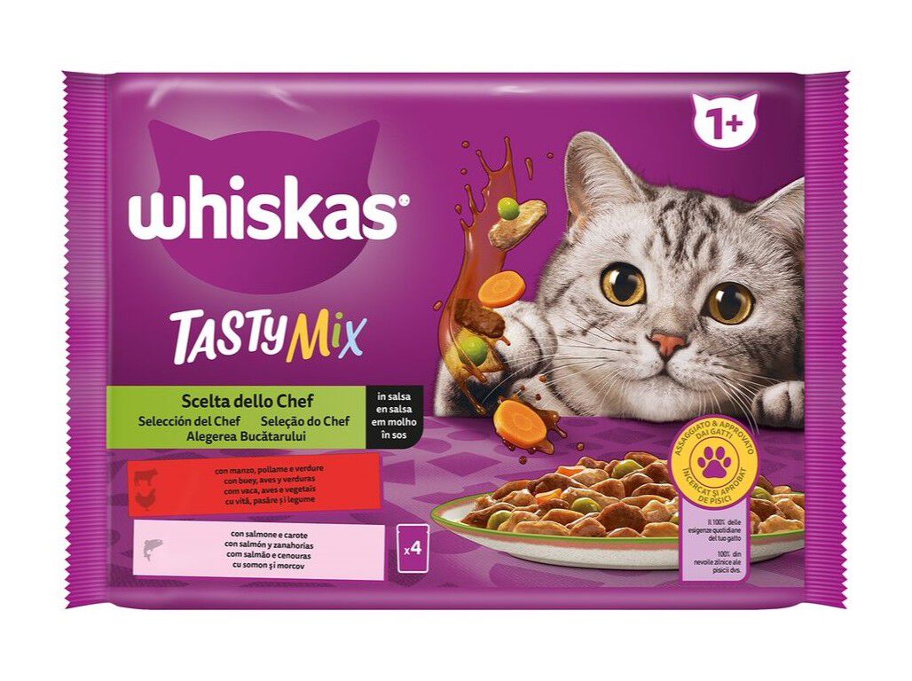 ALIMENTO HÚMIDO P/ GATO TASTY MIX WHISKAS 4X85GR