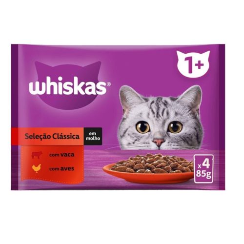 ALIMENTO HÚMIDO P/ GATO WHISKAS FRANGO VACA 4X85GR