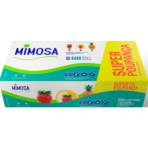 IOGURTE S/LACTOSE MORANGO, ANANÁS E MULTIFRUTOS MIMOSA 8X120GR
