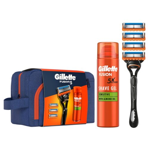 CONJUNTO FUSION 5 GILLETTE 4PCS (MÁQUINA DE BARBEAR + RECARGAS + GEL + BOLSA)