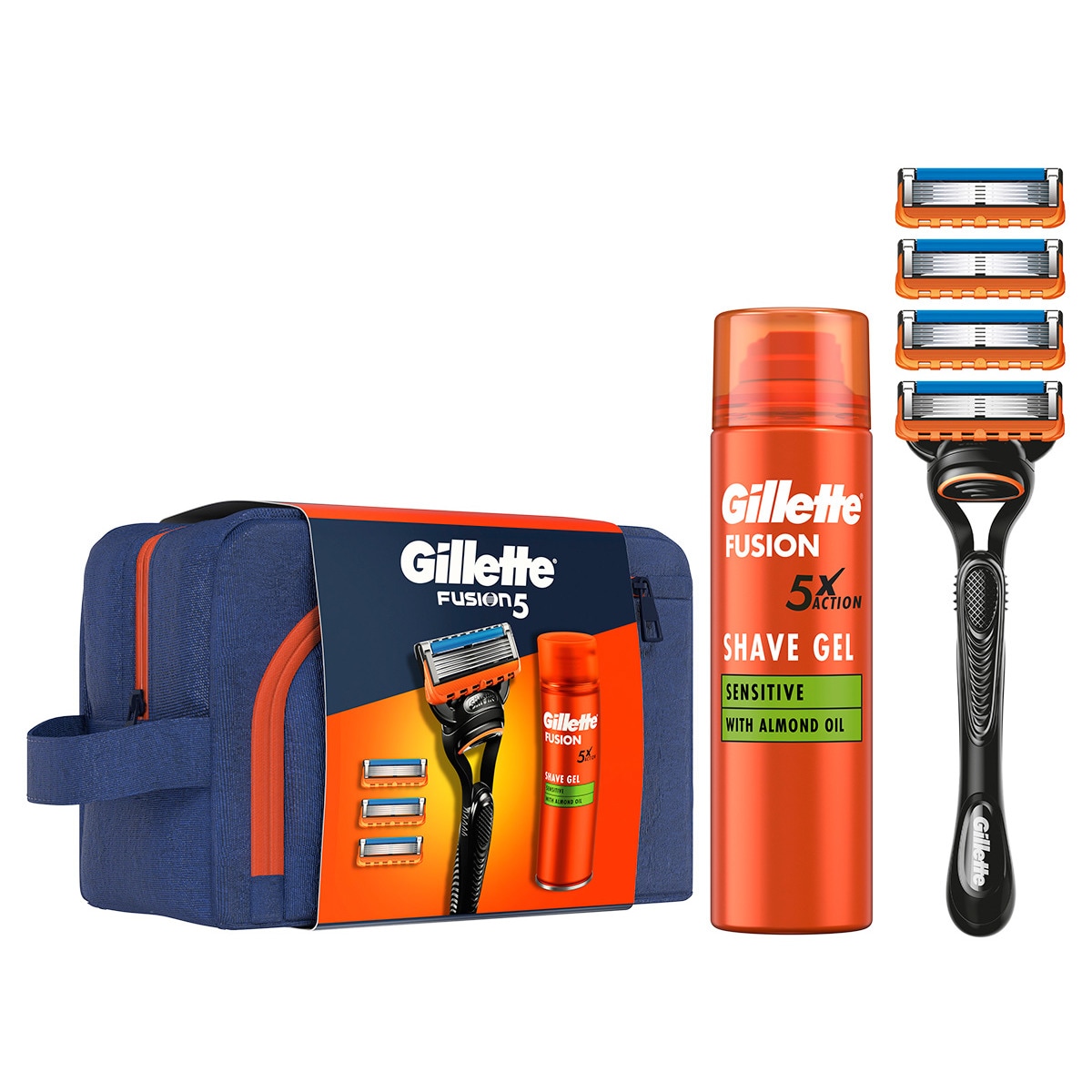 CONJUNTO FUSION 5 GILLETTE 4PCS (MÁQUINA DE BARBEAR + RECARGAS + GEL + BOLSA)