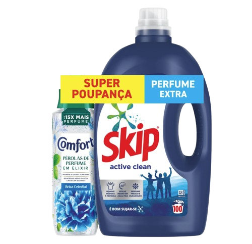 PACK DETERGENTE LÍQUIDO P/ MÁQUINA ROUPA ACTIVE CLEAN SKIP 100D + INTENSIFICADOR PERFUME BRISA COMFORT 100D