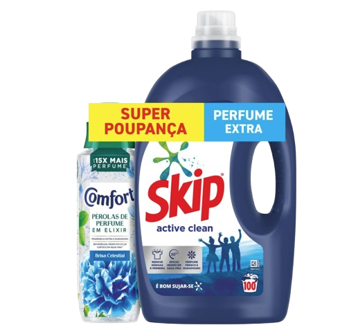 PACK DETERGENTE LÍQUIDO P/ MÁQUINA ROUPA ACTIVE CLEAN SKIP 100D + INTENSIFICADOR PERFUME BRISA COMFORT 100D